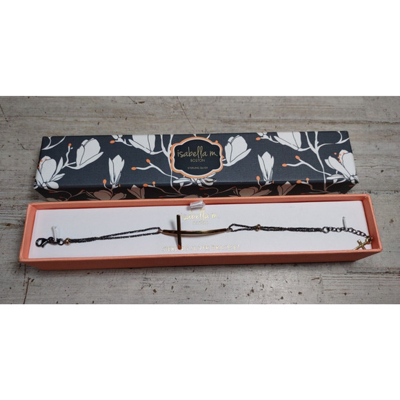 Isabella M Boston Sterling Silver Goldtone Sideways Curved Cross Bracelet in Box - Picture 1 of 9